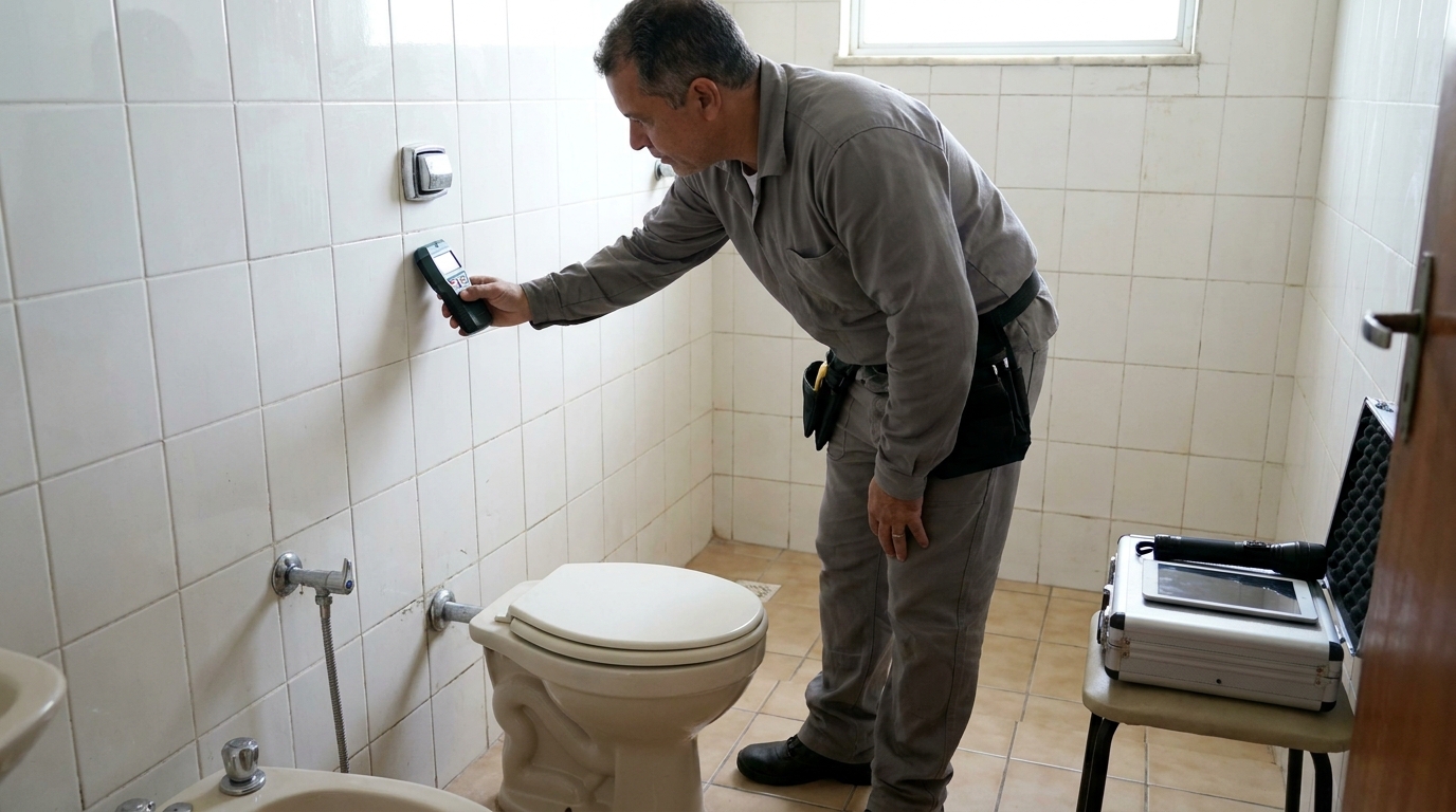 Técnico de caça vazamento analisando tubulação em Ribeirão Preto‑SP