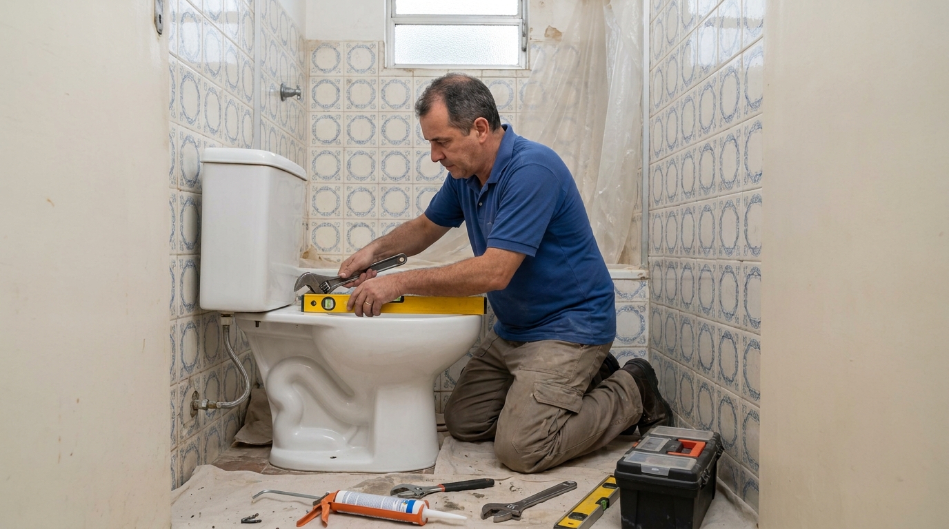 Técnico instalando vaso sanitário em Ribeirão Preto‑SP